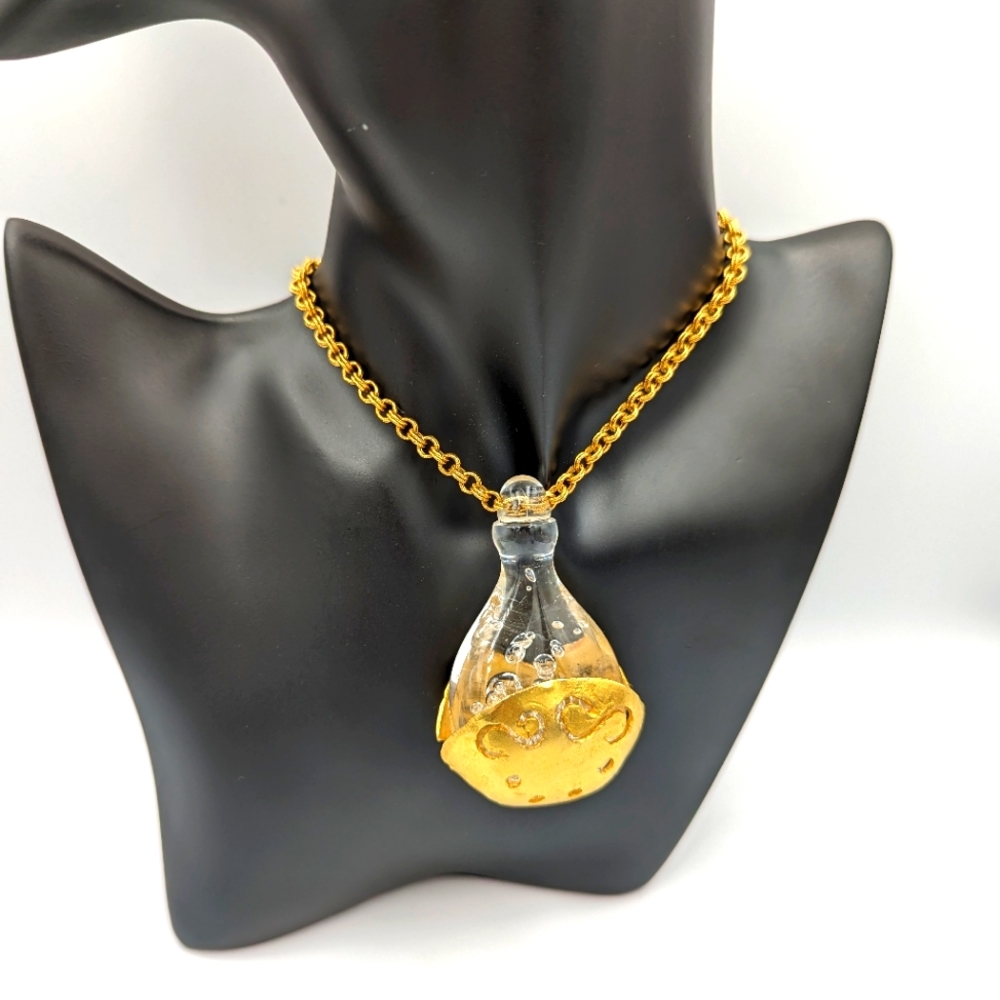 Stunning Big Vintage Art Glass Bottle Shape Gold Tone Long Necklace